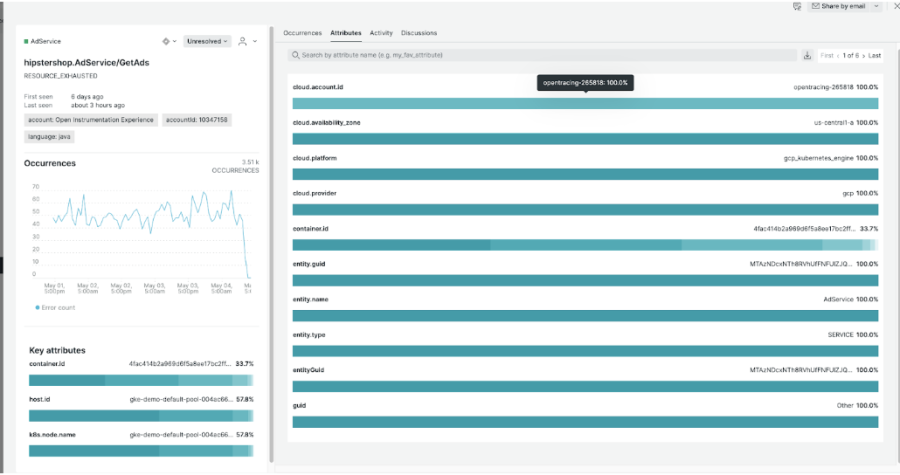  Screenshot of the attribute analysis tab showing similarities between error events to help with root cause analysis