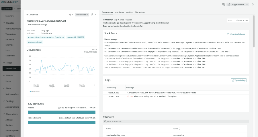 View of error count and error rate