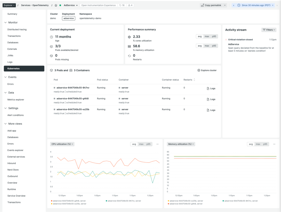 New Relic Explorer shows OpenTelemetry data in Kubernetes pane.