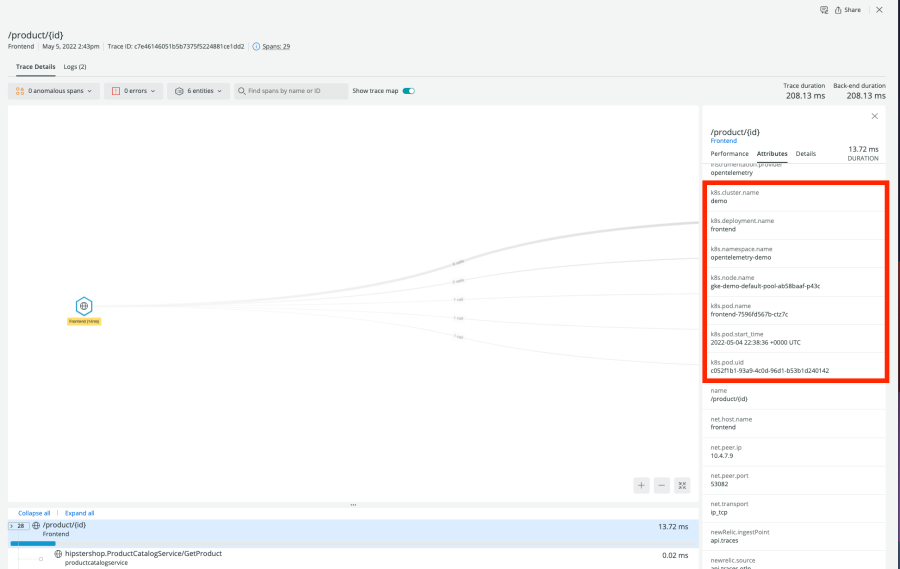 Information about K8s pod highlighted in righthand pane.