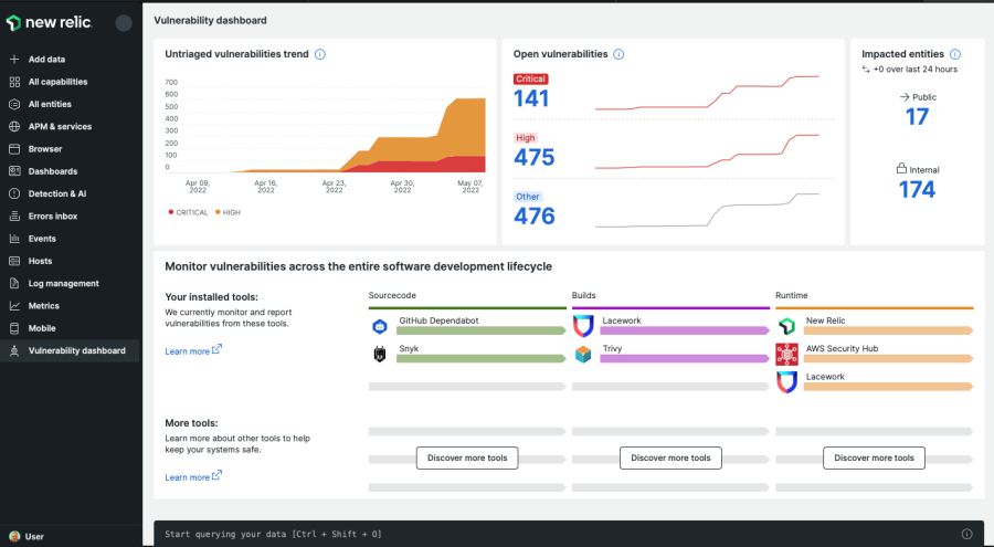 Shows security monitoring across your software lifecycle. Quantifies vulnerabilities, risk score, and reporting services.