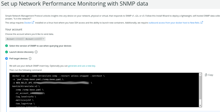 Set up screen shows command you need to run to instrument your application.