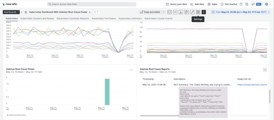 Dashboard shows Kubernetes cluster events and Zebrium root cause.