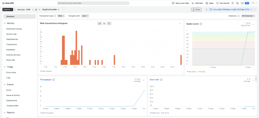 Screen shot of Node.js quickstart dashboard with web transactions histogram