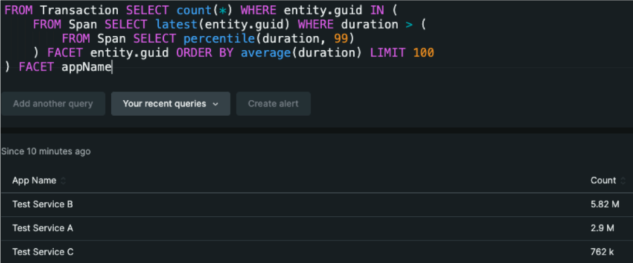 NRQL subqueries screenshot: connecting transactions and spans with nested subqueries