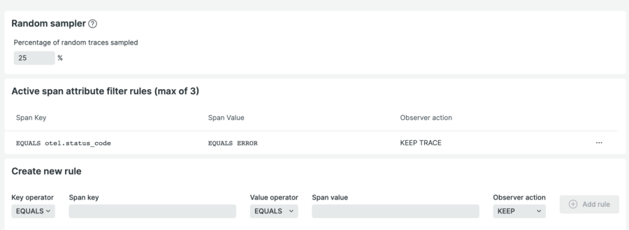 Screenshot of the filter for tail-based sampling in New Relic's UI.