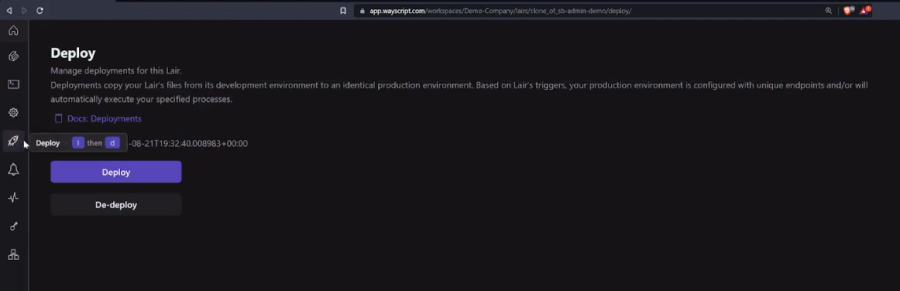 Screenshot of deploying a WayScript Lair to production