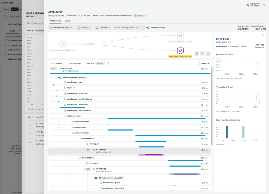 GraphQL query view shows detailed trace with gateway-specific spans and subgraph-specific spans.