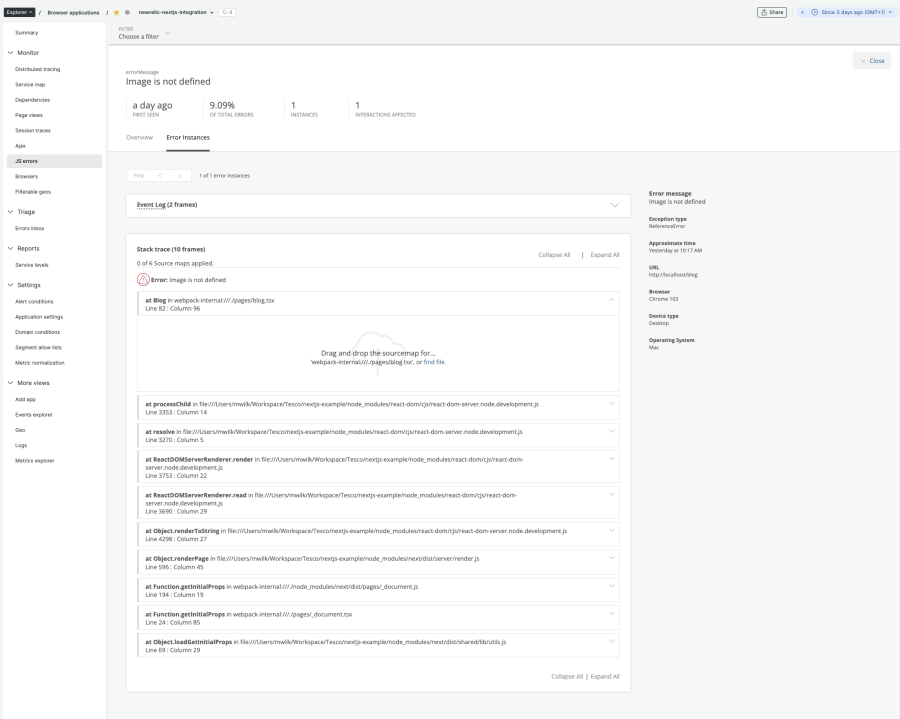 New Relic UI - Browser agent JS error details view