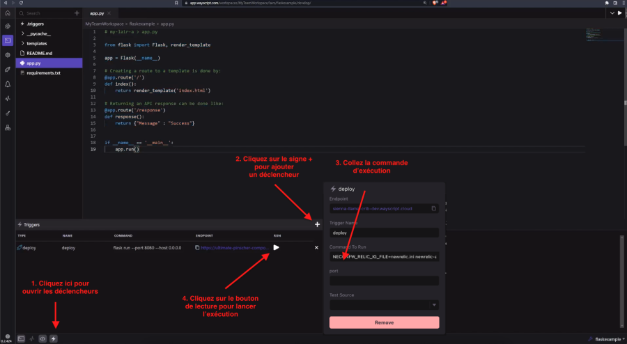 Capture d'écran de l'ajout d'un déclencheur de déploiement dans WayScript