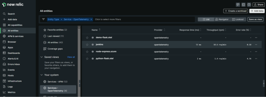 Select jenkins from entity list in New Relic.