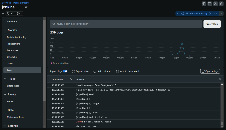 Jenkins pipeline logs in New Relic.