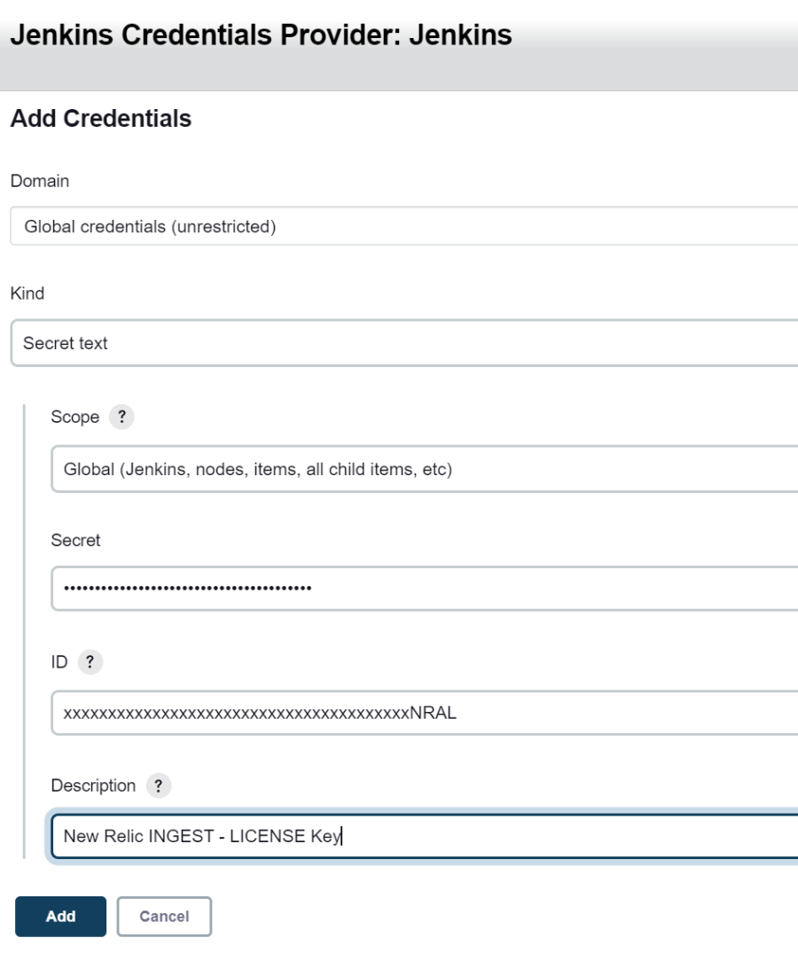 Jenkins Credentials Provider Add Credentials screen.