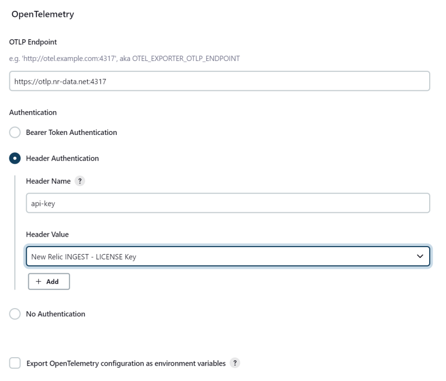 New Relic INGEST - LICENSE Key selected from Header Value drop down in OpenTelemetry menu.