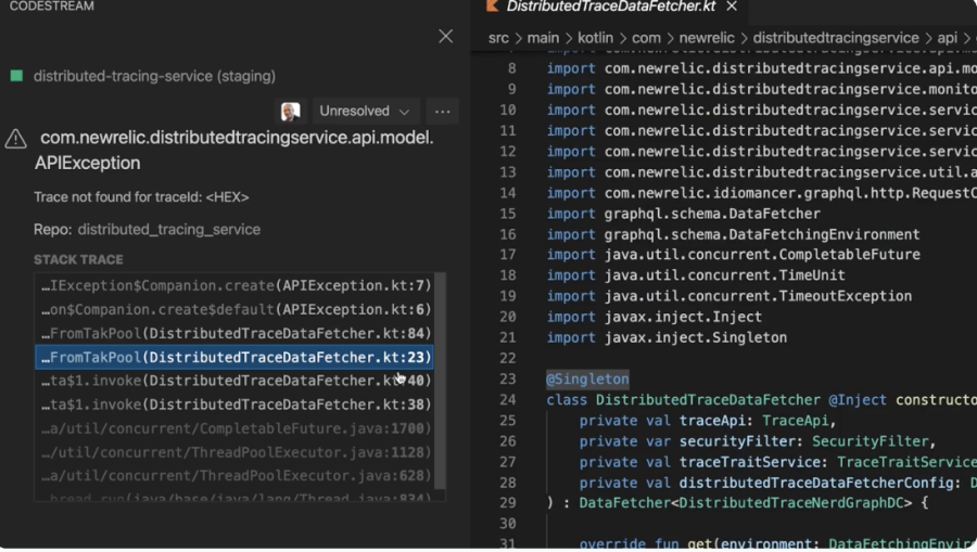 Distributed tracing data showing in IDE.