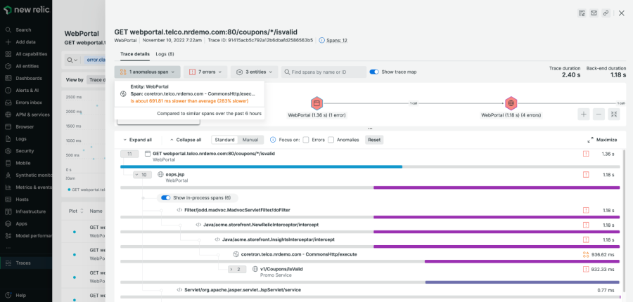 New Relic アプリケーションパフォーマンスモニタリングのディストリビューティッド（分散）トレーシングビューのスクリーンショット。