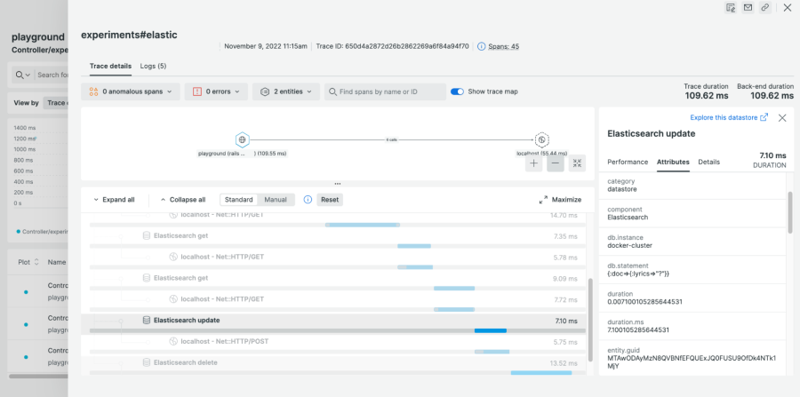 Screenshot of the attributes recorded for an Elasticsearch update span, including attributes db.instance for the cluster name, and db.statement for the query parameters.