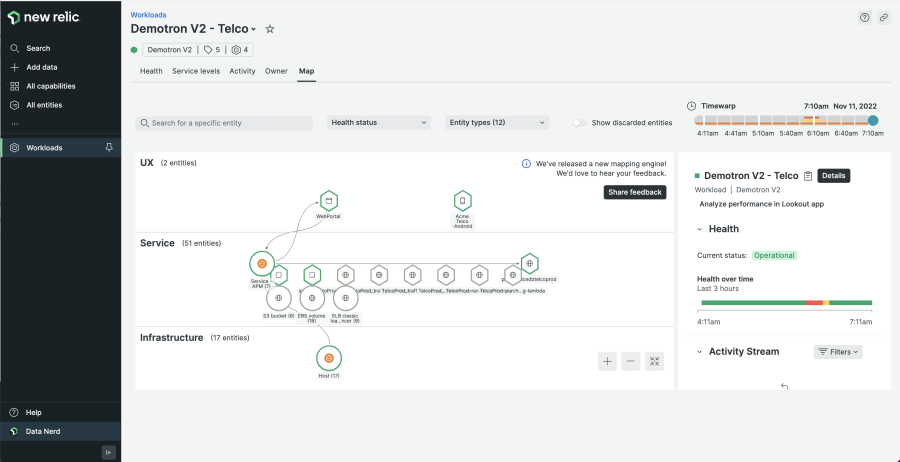 Screenshot of New Relic workloads map