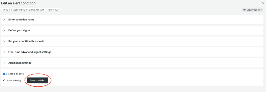 Screenshot of Edit an alert condition > Save condition in New Relic