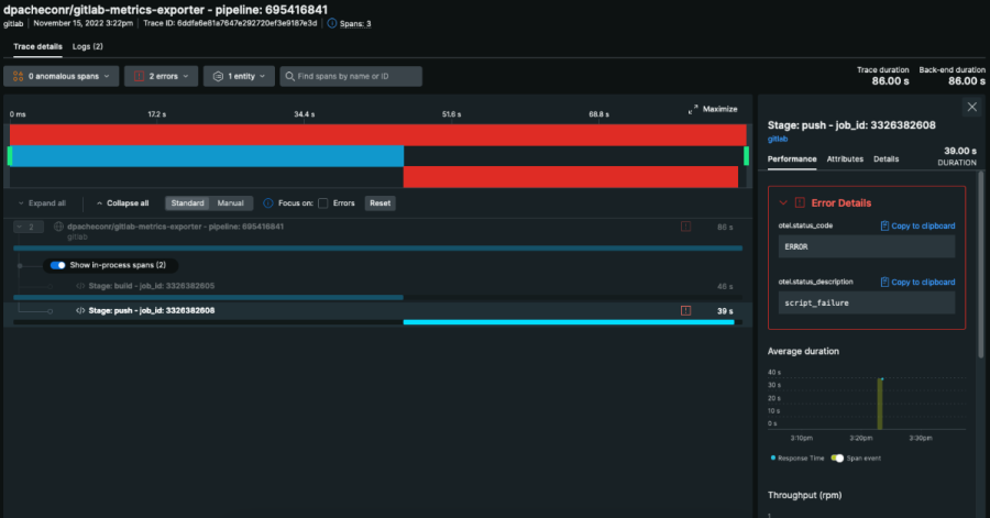 GitLab traces and spans showing in New Relic dashboard.