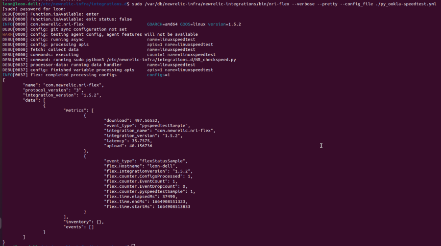 Output of running the nri-flex command in the terminal