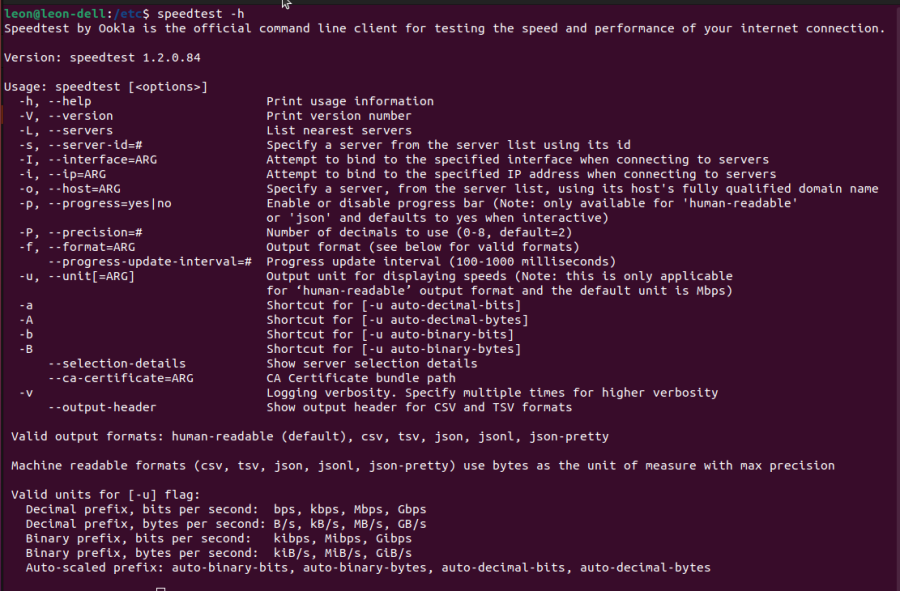 Output of the speedtest -h command