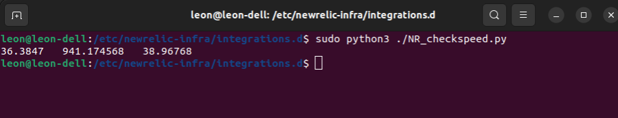 Output of the the script showing latency, download bps, and uplaod bps values