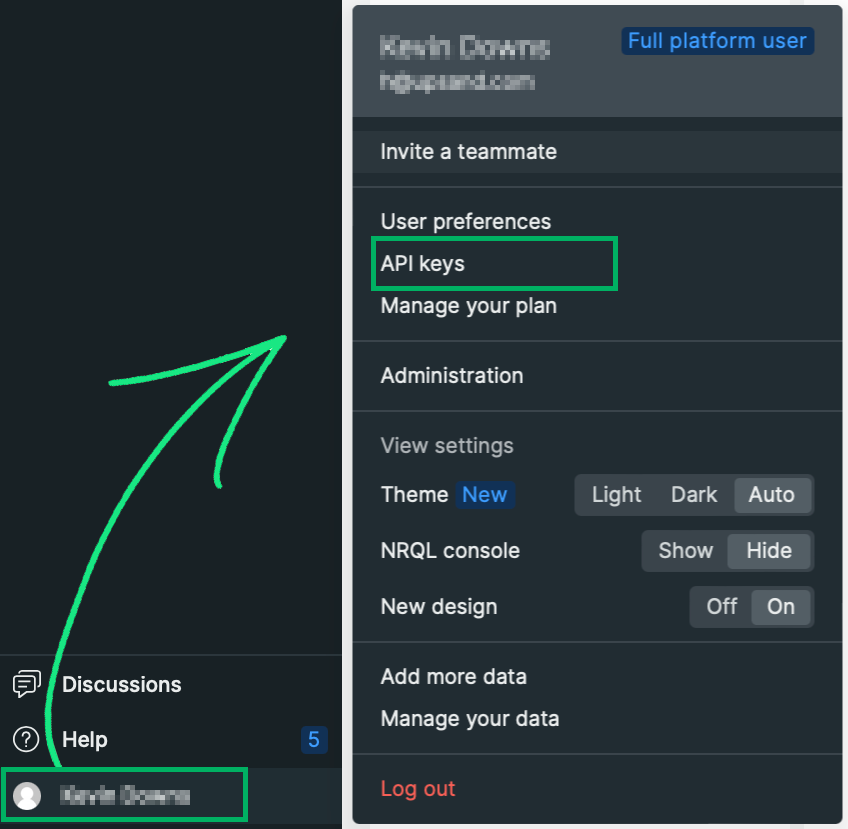 Screenshot of New Relic account menu > API keys