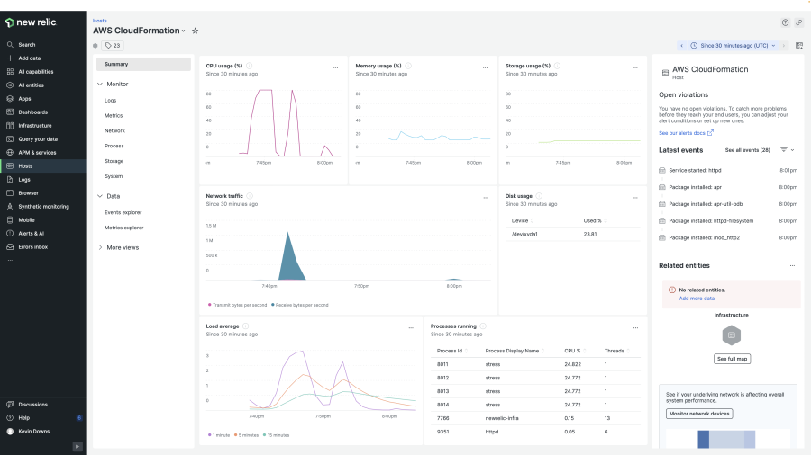 Screenshot of New Relic Hosts > Summary page for AWS CloudFormation