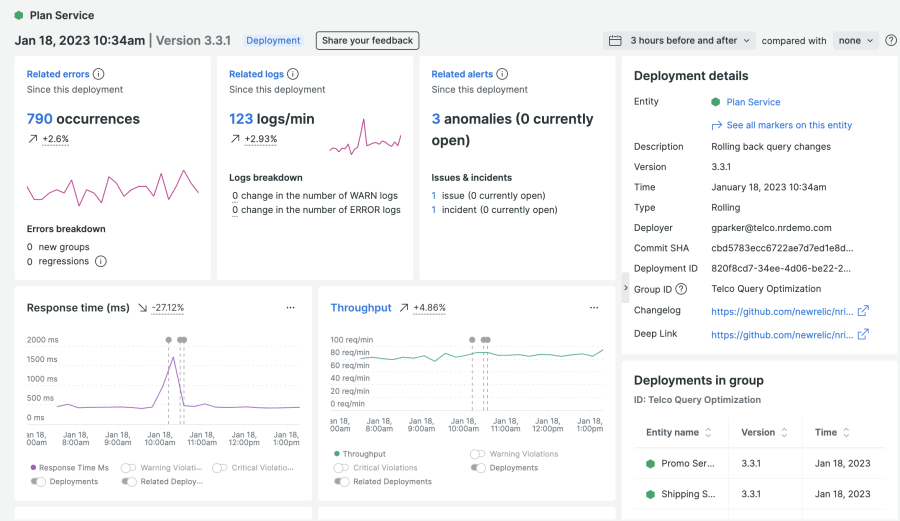 Screenshot of New Relic change tracking analysis