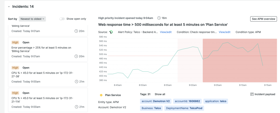 Screenshot of New Relic change tracking an APM issue