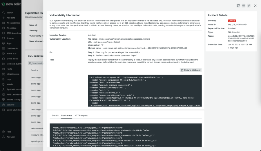 ダッシュボードがSQLインジェクション脆弱性に関する情報を表示。