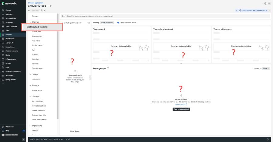 New Relic screenshot of Browser > Distributed tracing with no traces found