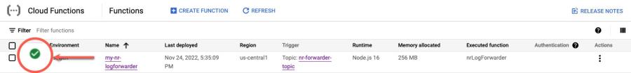 Screenshot of Google Cloud Functions my-nr-logforwarder successful deployment