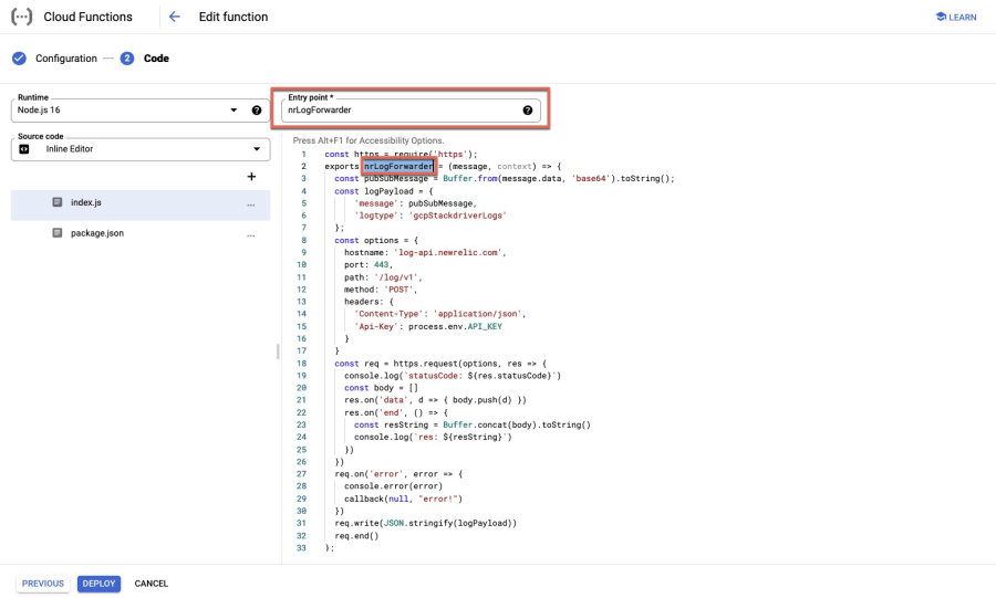 Screenshot of Google Cloud Functions with nrLogForwarder