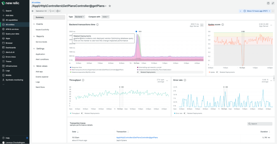 Screenshot of change markers for backend transaction time for a key transaction entity in New Relic