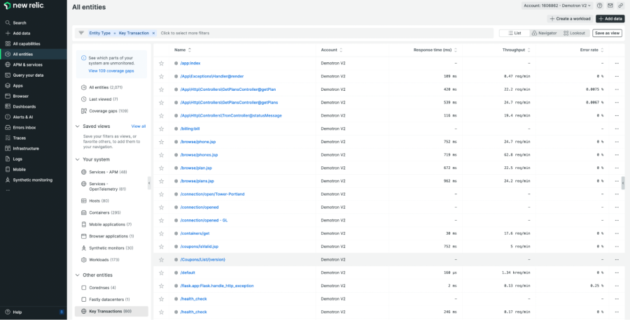 New RelicのAll entities > Key Transactions のスクリーンショット