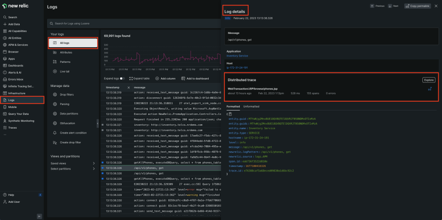 New Relic Logsのスクリーンショット > ログの詳細 > 分散トレーシング