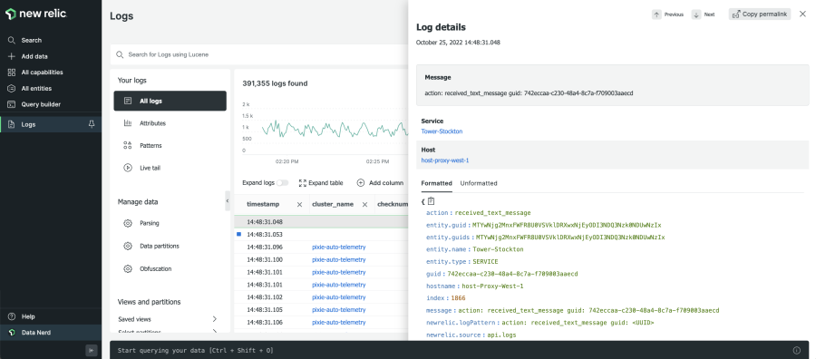 Screenshot of logs in New Relic