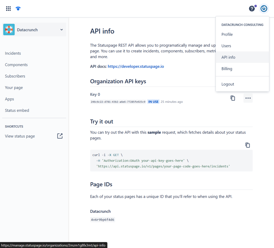 API info page in Statuspage.