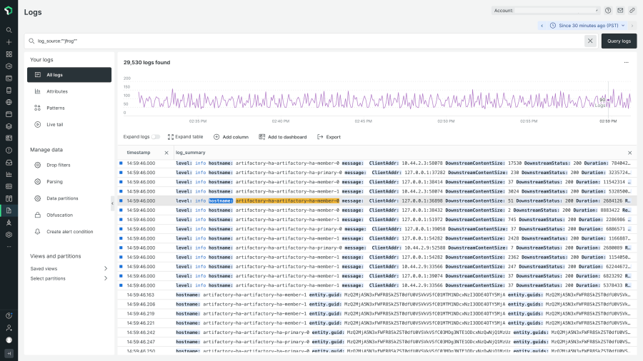 Screenshot of viewing JFrog logs in New Relic