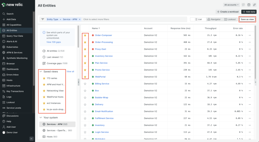 Screenshot of favorites and saved views in New Relic