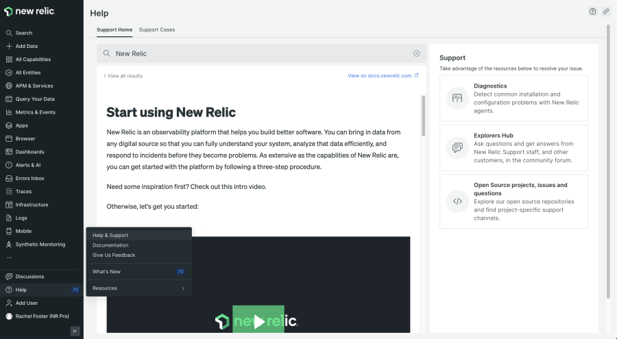 Screenshot of the Help & Support option on the New Relic Help menu