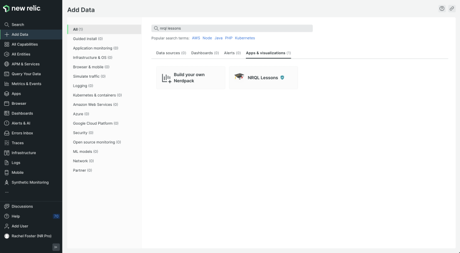 Screenshot of New Relic Add Data > All page searching on "NRQL lessons"