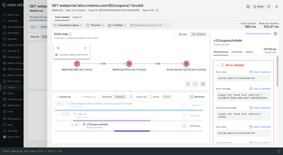 Trace details within New Relic.