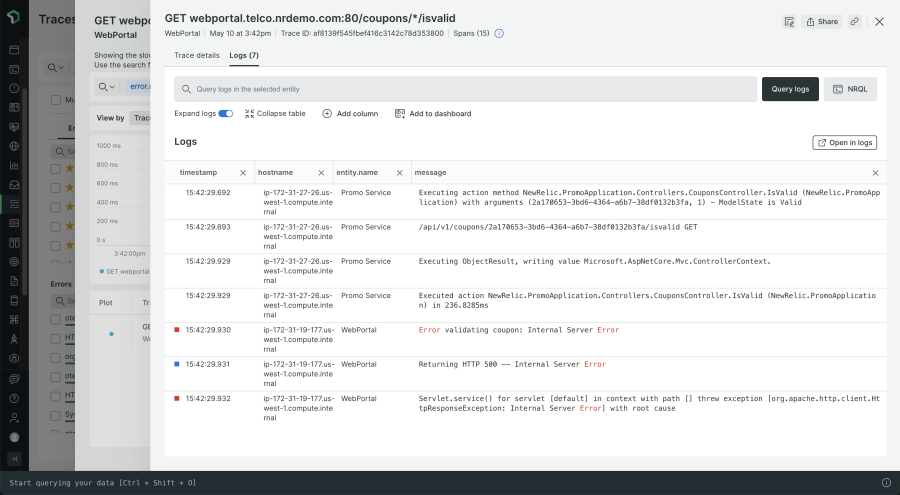 New Relic logs show an internal server error.