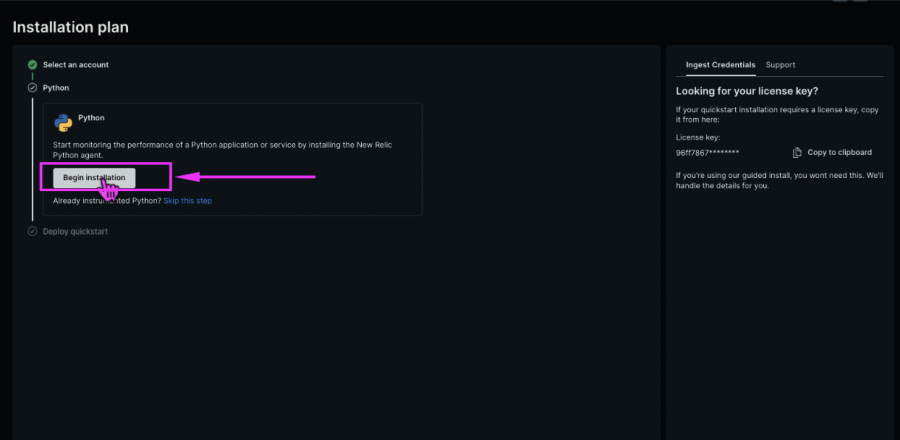 Begin installation for New Relic python agent