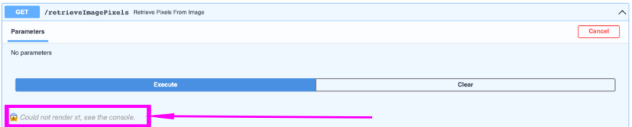 The FastAPI docs show a “Could not render xt, see the console.” failure message.