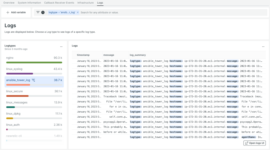 The logs dashboard.