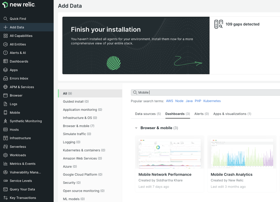 Within New Relic, select "Browse pre-built dashboards", and then find the "Browser & mobile" category or search with the keyword “mobile”.